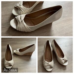 Cream Satin Peep-Toe Wedges with Ruched Detail